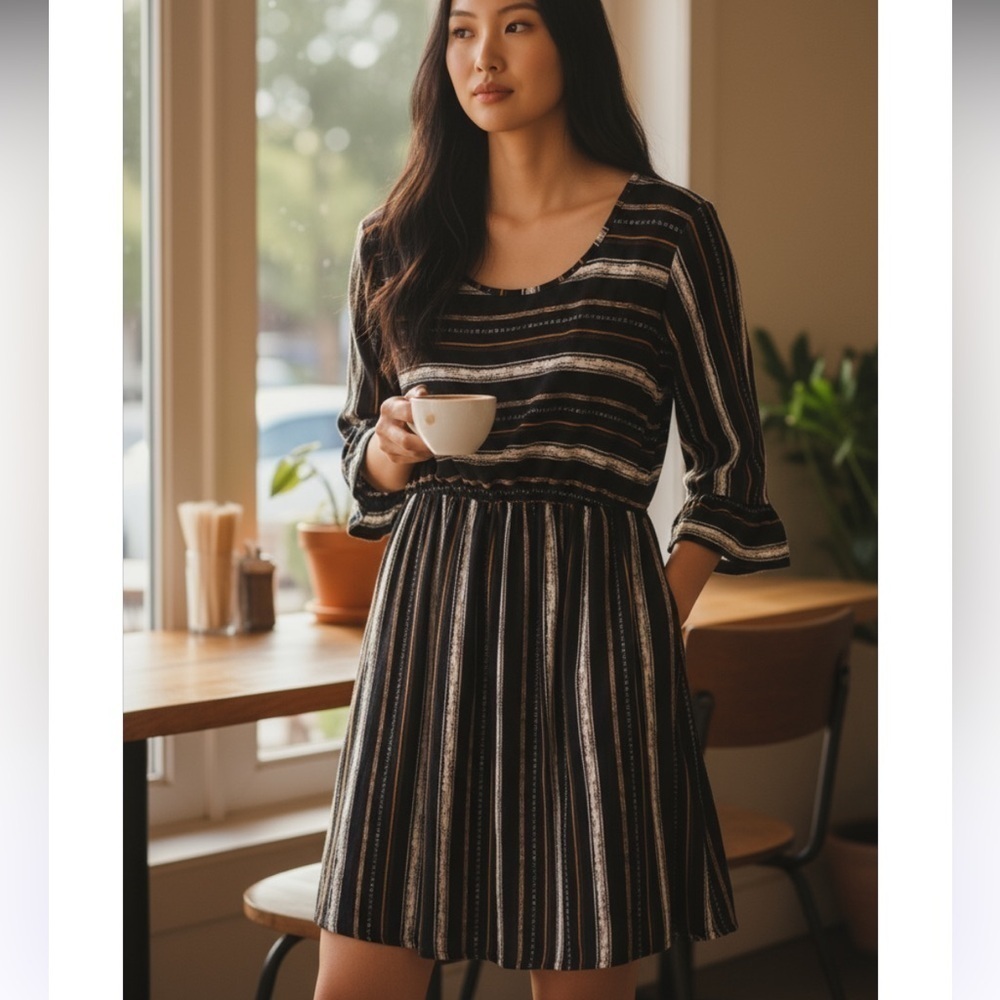 Paolino Women's Midi Dress Navy Blue White Orange Stripes Bell Sleeve Round Neck